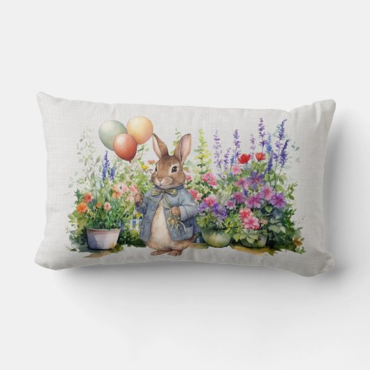 Peter de konijn blauwe jas ballonnen tuin kussen (Achterkant)