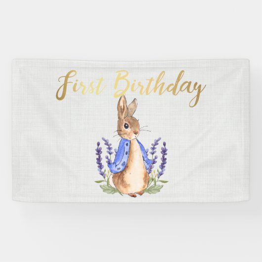 Peter de Konijn grijs linnen 1e Verjaardag Spandoek (Horizontaal)