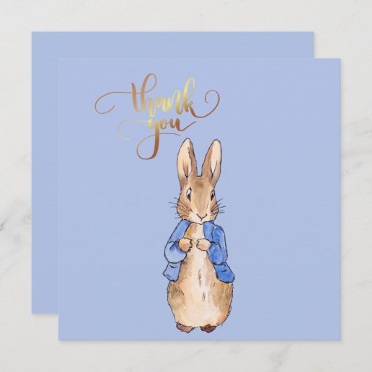 Peter de Konijn met gouden 'Dank je' tekst Bedankkaart (Voorkant / Achterkant)