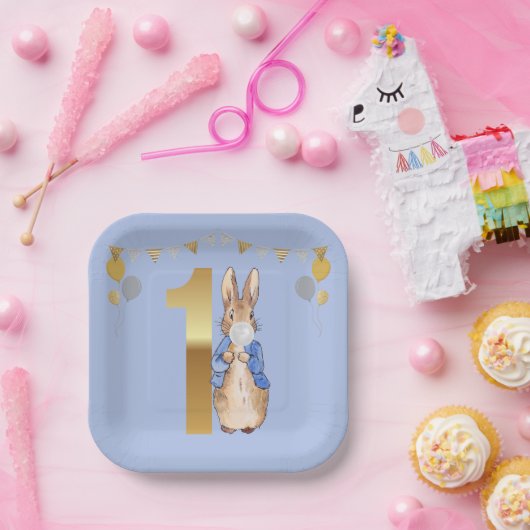 Peter de Konijn Witte Bubble gom Eerste Verjaardag Papieren Bordje (Feest)