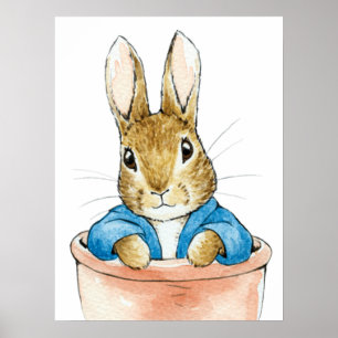 Peter de Konijn zittend in een plantenpot Poster