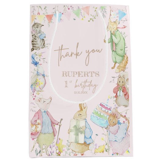 Peter het konijn 1e verjaardag meisje roze medium cadeauzakje (Voorkant)
