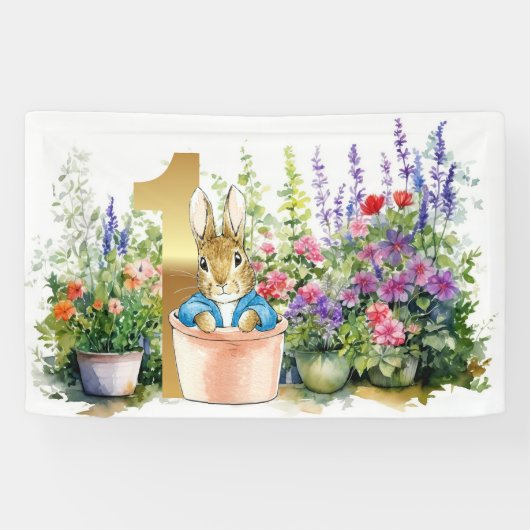 Peter het Konijn in de tuin Eerste verjaardag Spandoek (Horizontaal)
