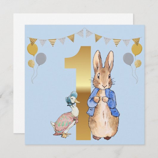 Peter het Konijn met Jemima Eerste Verjaardag Kaart (Voorkant / Achterkant)