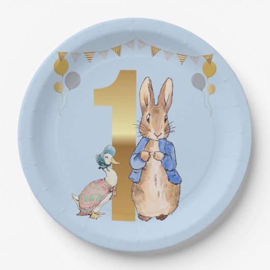 Peter het Konijn met Jemima Eerste Verjaardag Papieren Bordje (Voorkant)