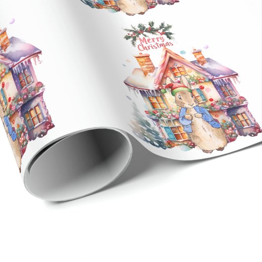 Peter het konijn met kersthuisje cadeaupapier (Rol Hoek)