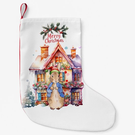 Peter het konijn met kersthuisje kleine kerstsok (Voorkant)