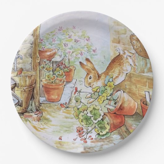 Peter het konijn tuimelt in tuinhuisje papieren bordje (Voorkant)