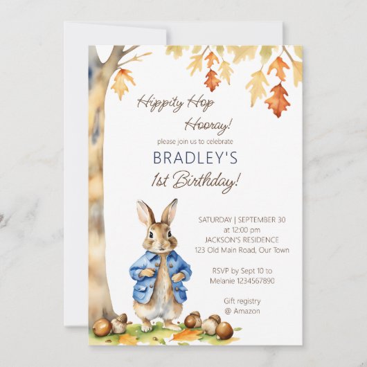 Peter konijn herfst thema verjaardagsfeestje sjabl kaart (Voorkant)