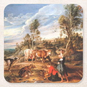 Peter Paul Rubens Milkmaids met vee in een land Vierkante Kartonnen Onderzetter