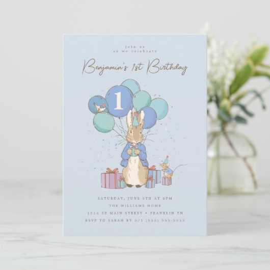 Peter Rabbit 1e Verjaardag Blauw Confetti Kaart (Staand voorkant)