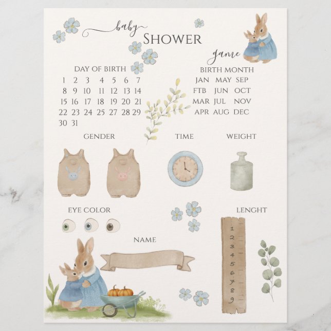 Peter Rabbit Baby shower Guessing Spel (Voorkant)