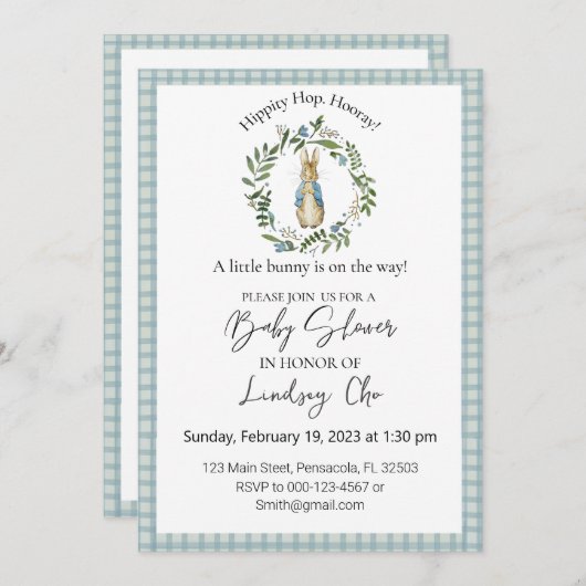 Peter Rabbit Baby shower Invitation modifiable (Devant / Derrière)