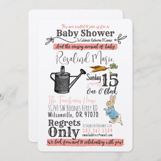 Peter Rabbit Baby shower Uitnodiging - Roze (Voorkant / Achterkant)