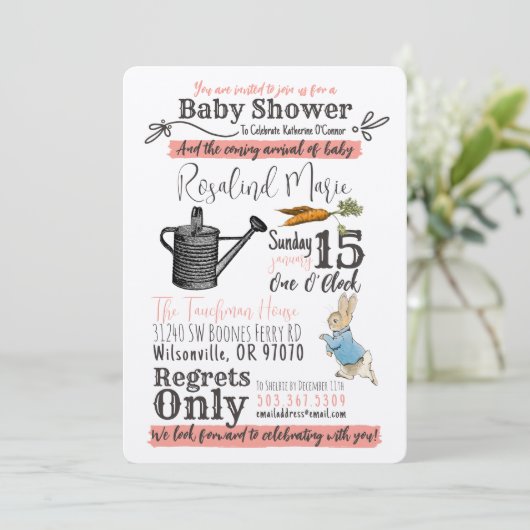  Peter Rabbit Baby shower Uitnodiging - Roze (Staand voorkant)