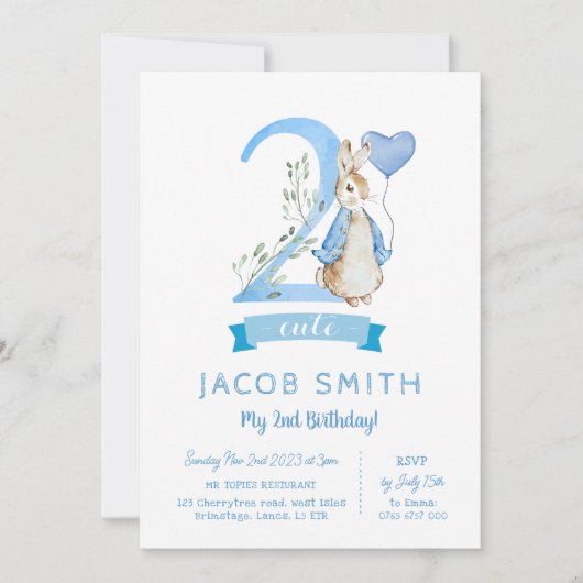 Peter rabbit baby tweede verjaardagsuitnodiging jo kaart (Voorkant)