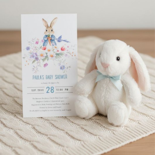 Peter Rabbit Blue Boy Floral Baby shower Uitnodige Bedankkaart