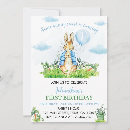 Peter Rabbit Eerste Verjaardag Uitnodiging (Voorkant)