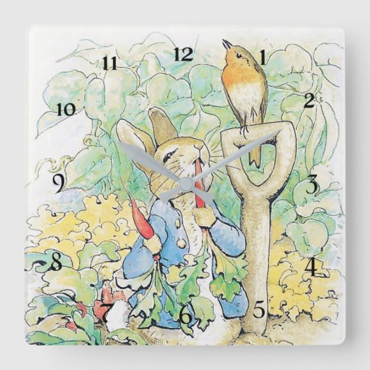 “Peter Rabbit eet een wortel” door Beatrix Potter Vierkante Klok (Voorkant)