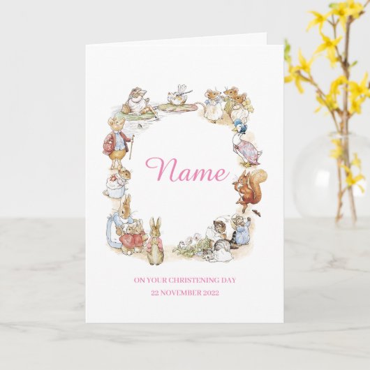 Peter Rabbit en vrienden Christening card - Roze Kaart (Gele Bloem)