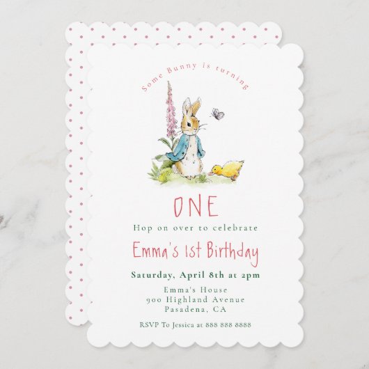 Peter Rabbit fille 1er anniversaire invitation (Devant / Derrière)
