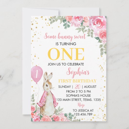 Peter Rabbit Fille Rose Invitation Anniversaire (Devant)