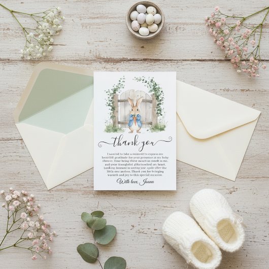 Peter Rabbit Garden Gate Greenery Baby Shower Bedankkaart