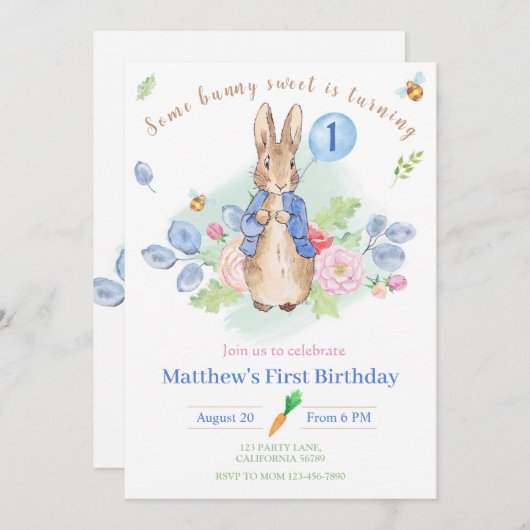 Peter Rabbit Invitation Anniversaire Bunny 1er Inv (Devant / Derrière)