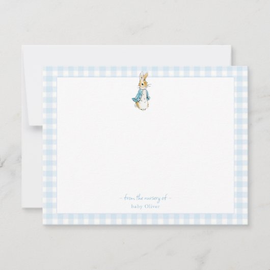 Peter Rabbit met blauwe Gingham Border Baby jongen Bedankkaart (Voorkant)