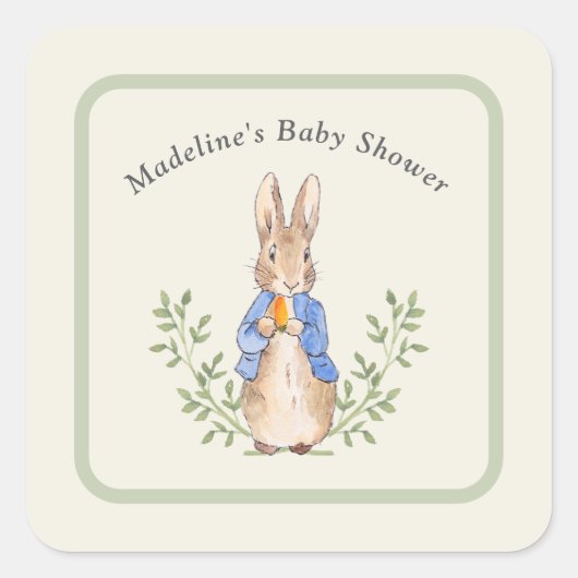 Peter Rabbit Sage Green Baby shower Vierkante Sticker (Voorkant)