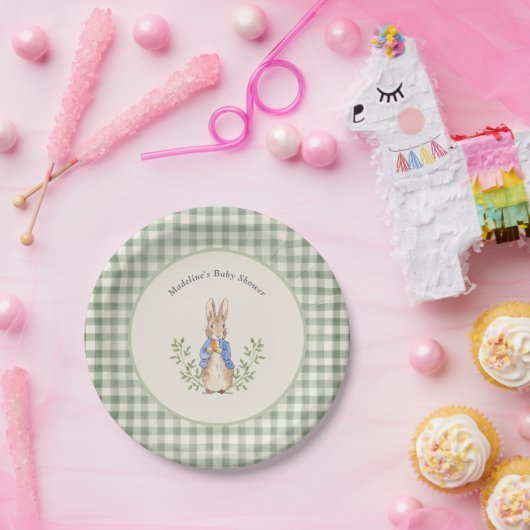 Peter Rabbit Sage Green Gingham Baby shower Papieren Bordje (Feest)