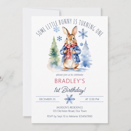 Peter rabbit winter thema verjaardagsfeestje sjabl kaart (Voorkant)
