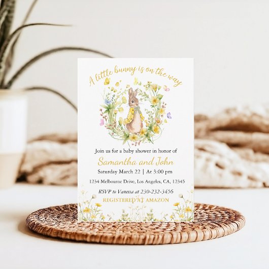 Peter Rabbit Yellow Floral Baby shower Uitnodiging
