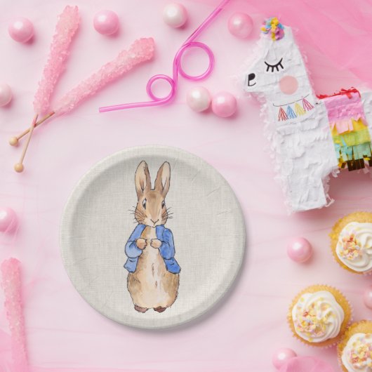 Peter the Rabbit Beige Linen Background Papieren Bordje (Feest)