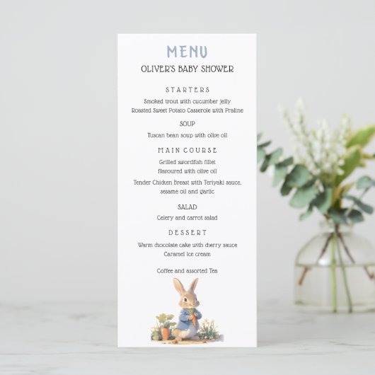 Peter The Rabbit Blue Baby shower Menu (Debout devant)