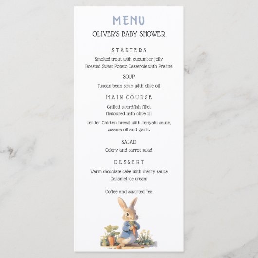 Peter The Rabbit Blue Baby shower Menu (Devant)