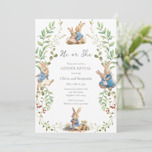 Peter the Rabbit Botanical Gender Reveal Kaart (Staand voorkant)