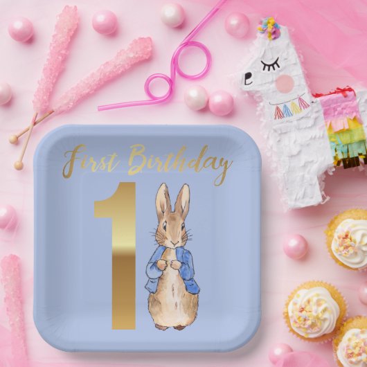 Peter the Rabbit Gold 1st Birthday Papieren Bordje (Feest)