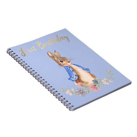 Peter the Rabbit met Gold First Birthday Text Notitieboek (Rechterzijde)