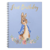 Peter the Rabbit met Gold First Birthday Text Notitieboek (Voorkant)