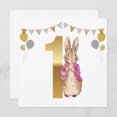 Peter the Rabbit Pink Jacket First Birthday Kaart (Voorkant / Achterkant)