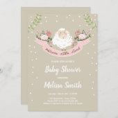 Petit agneau Baby shower Invitation Ressort rose (Devant / Derrière)