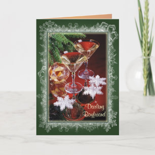 Petit ami. Carte de Noël romantique.Verres de vin