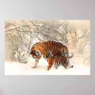 petit animal et mère de tigre en affiche de neige