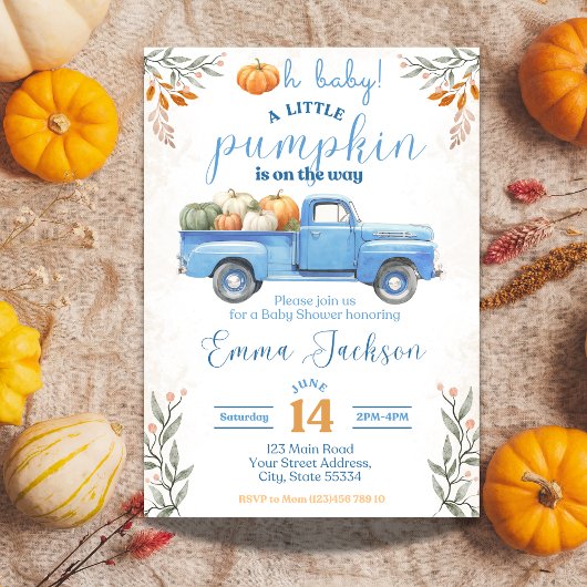 Petit Baby shower Citrouille Invitation Camion ble