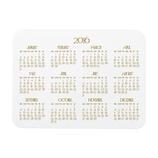 Petit Calendrier Annuel Blanc Et Or 2016 Magnet (Horizontal)