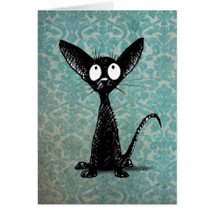 Petit chat noir drôle sur la damassé bleue vinta