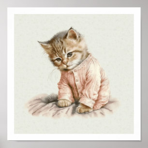 Petit chaton en pyjama rose imprimé affiche