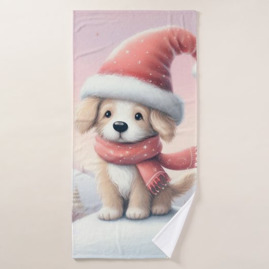 Petit chiot de Noël en chapeau santa (Serviette de bain)