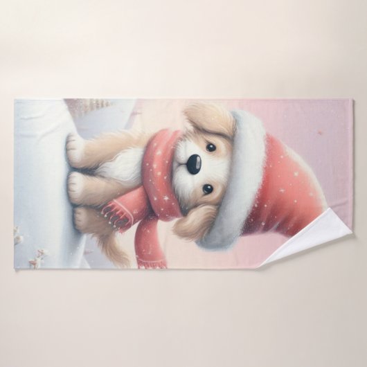 Petit chiot de Noël en chapeau santa (Serviette de bain)